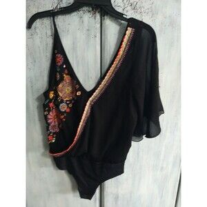 Zara Embroidered Embellished Medium Flared Sleeved V-neck Bodysuit Medium...